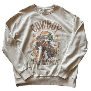 Rus Tee Cowboy Graphic Beige Crew Neck Soft Sweater Size Large